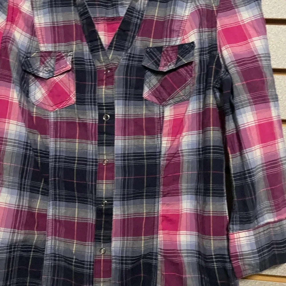 Arizona Jean Company Girls Plaid‎ Button Up Shirt 3/4 Sleeve Size Medium - Picture 3 of 6